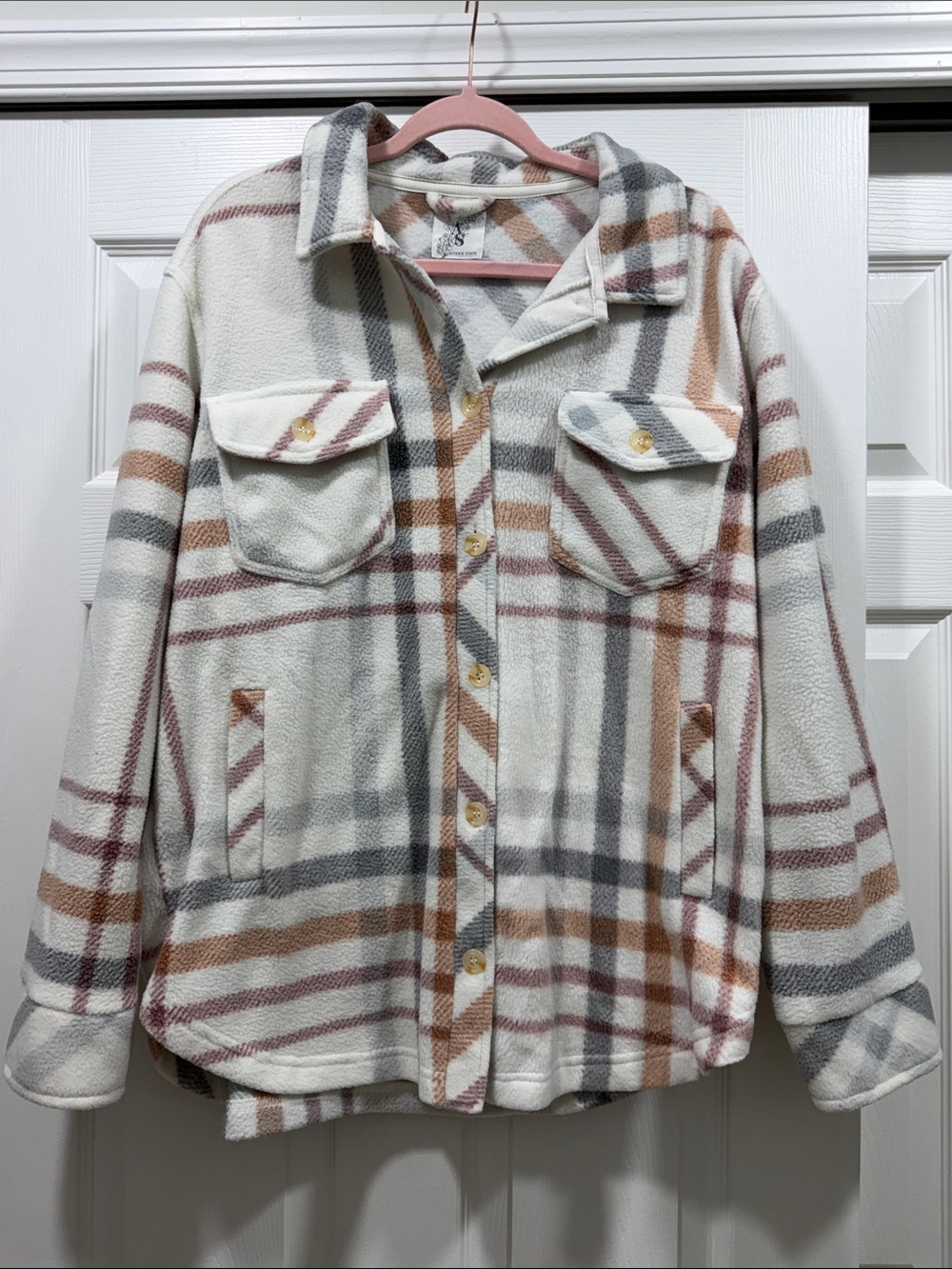 Altar'd State Plaid Teddy Shacket in Cream, Taupe & Gray